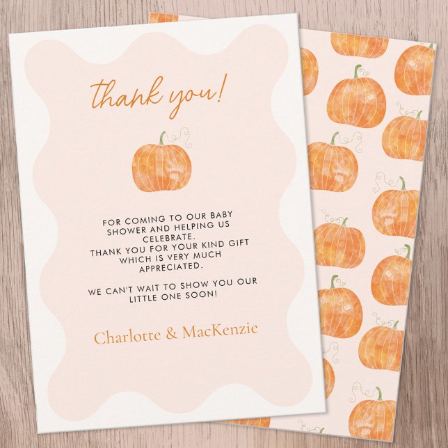 Tarjeta de agradecimiento de Baby Shower de calaba (Pumpkin autumn fall baby shower personalized thank you card)