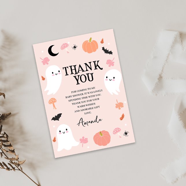 Tarjeta de agradecimiento de Baby Shower de Hallow (Pink Halloween Baby Shower Thank You Card Ghosts Our Little Boo Themed Girls Baby Shower Thank You)