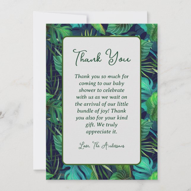 Tarjeta de agradecimiento de Baby Shower de hoja t (Anverso)