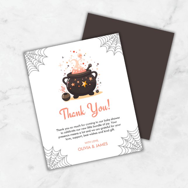 Tarjeta de agradecimiento de Baby Shower de naranj (Budget Orange Cauldron A Baby is Brewing Halloween Baby Shower Thank You Card )