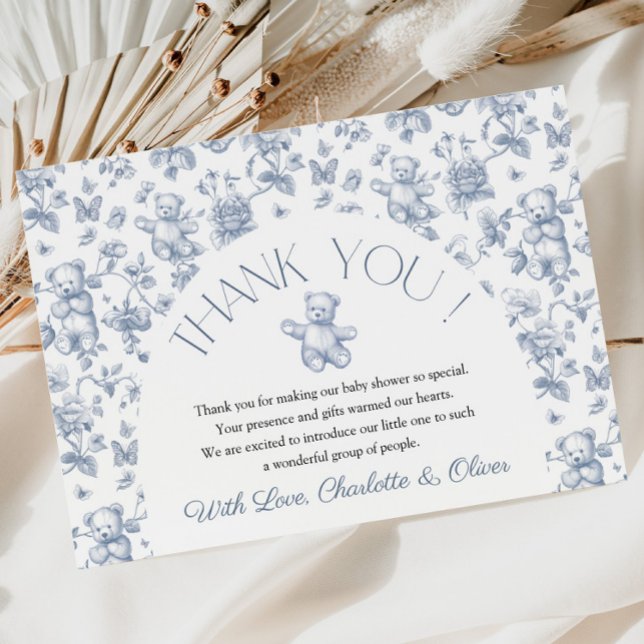 Tarjeta de agradecimiento de Baby Shower de Teddy  (Teddy Bear Blue Toile Baby Shower Thank You Card)
