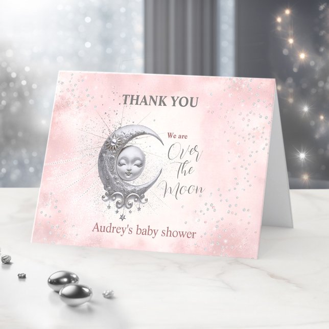 Tarjeta de agradecimiento de Baby Shower del Chica (Over The Moon Pink Girl Baby Shower Thank You Card)