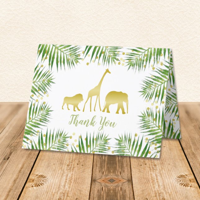 Tarjeta de agradecimiento de Baby Shower Gold Safa (Tropical Safari Animals gold and green with palm branches Folded Thank You Card)