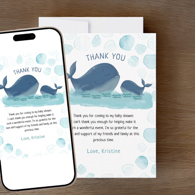 Tarjeta de agradecimiento de Baby Shower Happy Wha (Whale Baby Shower Thank You card - order printed and/or as a digital download)