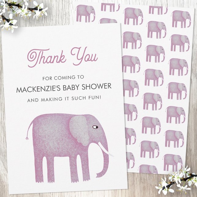 Tarjeta de agradecimiento de Baby Shower para Elef (Pink watercolor elephant baby shower thank you card)