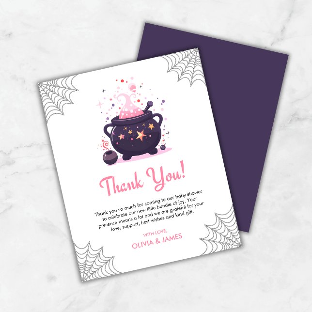 Tarjeta de agradecimiento de Baby Shower Pink Caul (Budget Pink Cauldron A Baby is Brewing Halloween Baby Shower Thank You Card  )