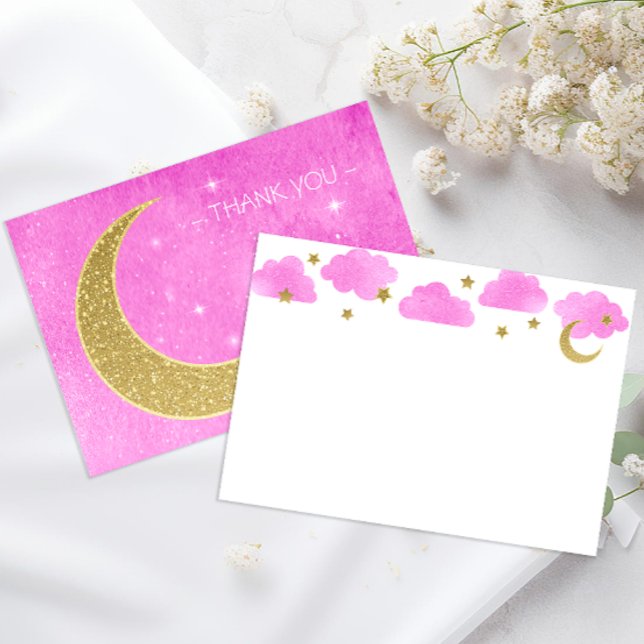 Tarjeta de agradecimiento de Baby Shower Pink Moon (Moon & Stars Thank You Note Cards)