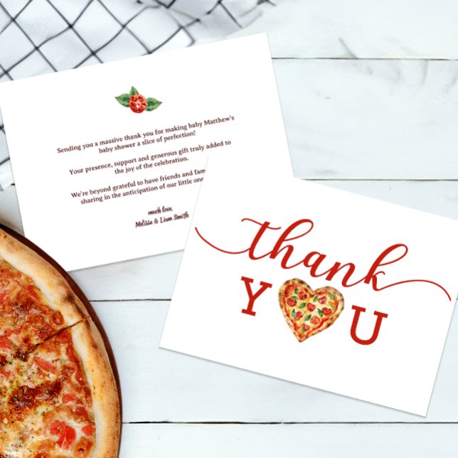 Tarjeta de agradecimiento de Baby Shower Pizza - T (Personalized Pizza Themed Thank You Card)