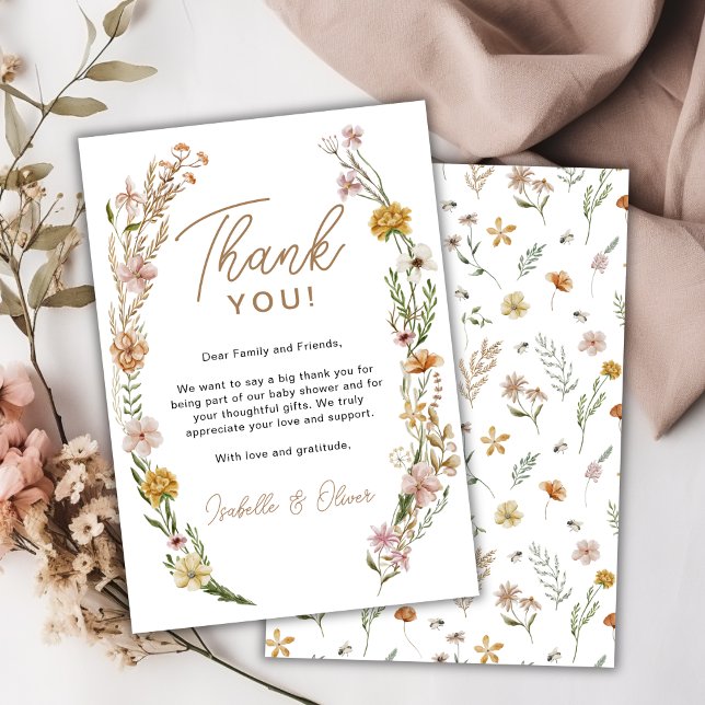 Tarjeta de agradecimiento de Baby Shower Wildflowe (Wildflower Watercolor Baby Shower Thank You Card)