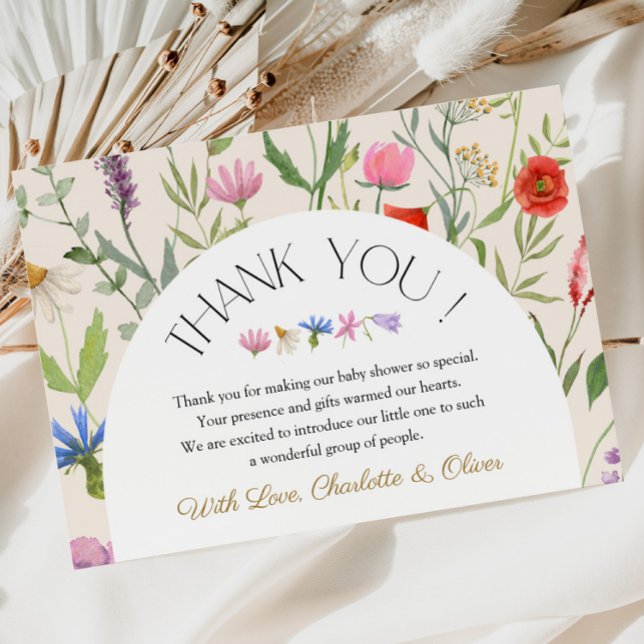 Tarjeta de agradecimiento de Baby Shower Wildflowe (Wildflower Beige Floral Baby Shower Thank You Card)