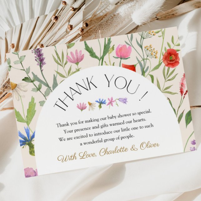 Tarjeta de agradecimiento de Baby Shower Wildflowe (Wildflower Beige Floral Baby Shower Thank You Card)