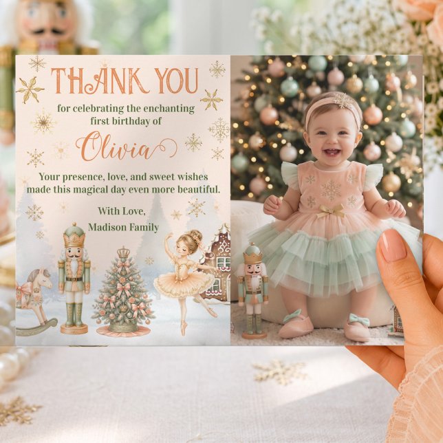 Tarjeta de agradecimiento de bailarina Cascanueces (Photo Nutcracker Sugar Plum 1st Birthday Thank You Card)