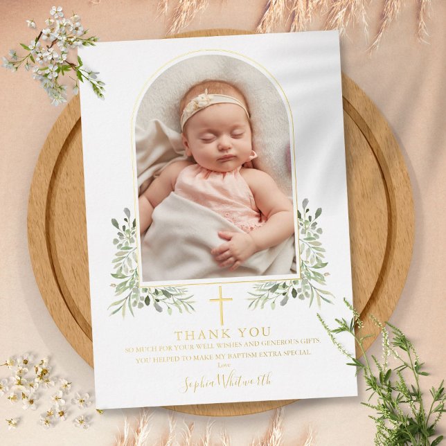 Tarjeta de agradecimiento de bautizo con arco flor (Baptism Floral Arch Photo Gold Foil Thank You Card)