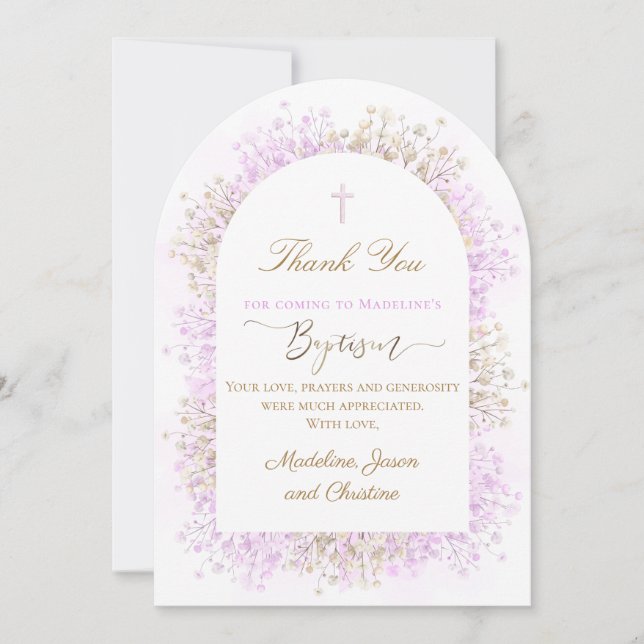 tarjeta de agradecimiento de Bautizo con flores de (Anverso)