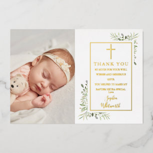 Tarjeta de agradecimiento de bautizo con follaje d