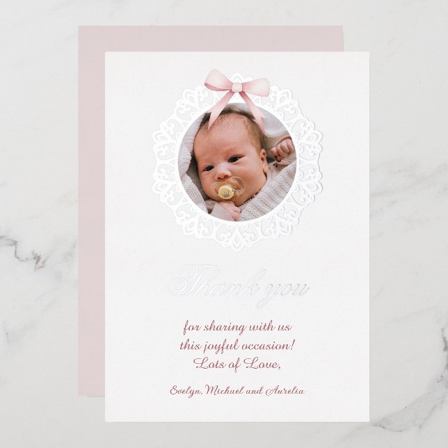 Tarjeta de agradecimiento de bautizo con lazo rosa (Anverso/Reverso)