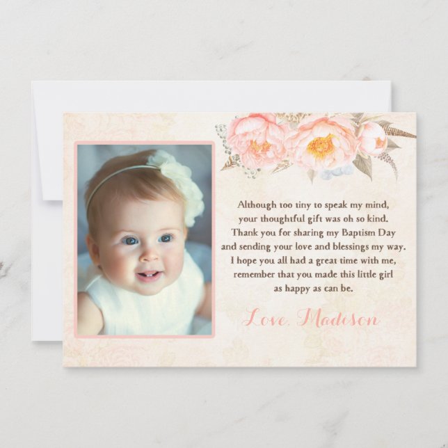 Tarjeta de agradecimiento de Bautizo con Peonías M (Anverso)