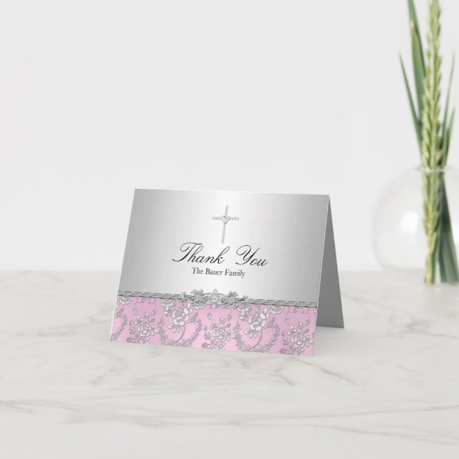 Tarjeta de agradecimiento de bautizo con rosa rosa (Anverso)