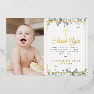 Tarjeta de agradecimiento de bautizo floral con ho
