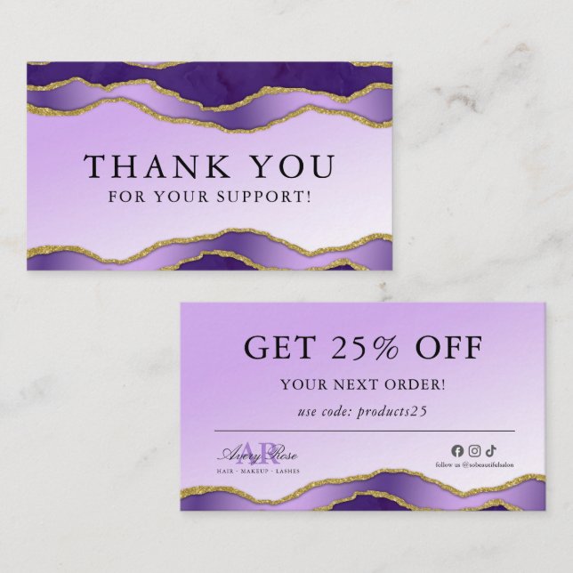 Tarjeta de agradecimiento de belleza violeta y de  (Anverso / Reverso)