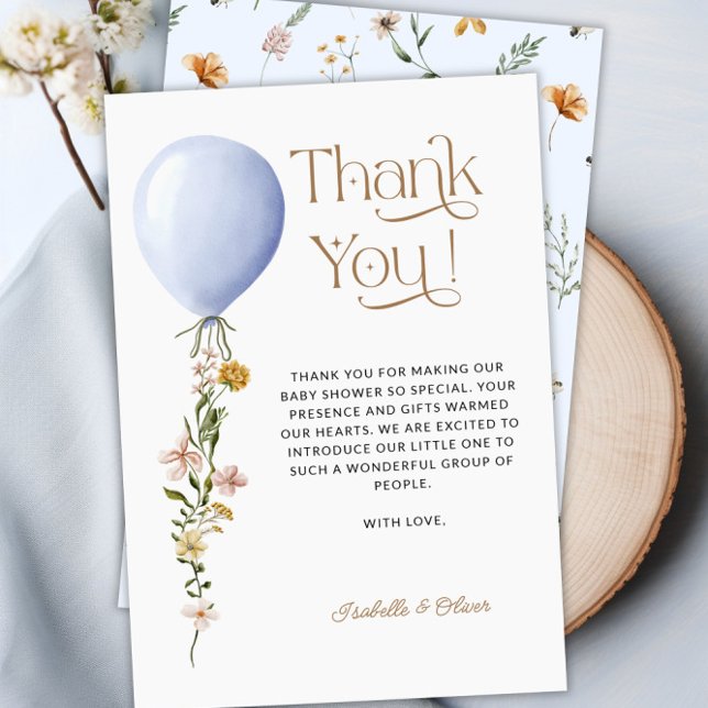Tarjeta de agradecimiento de Blue Balloon Floral B (Blue Balloon Floral Baby Shower Thank You Card)