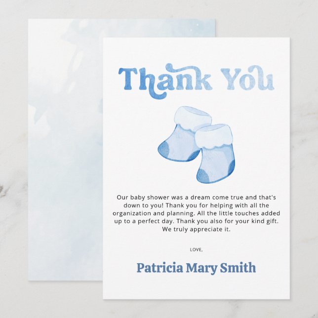 Tarjeta de agradecimiento de Blue Booties Boy Baby (Anverso / Reverso)