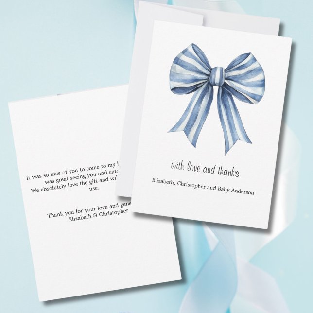 Tarjeta de agradecimiento de Blue Bow Boy Baby Sho (Blue Bow Baby Shower Thank you card. Classic and Elegant. With Love and Thanks)