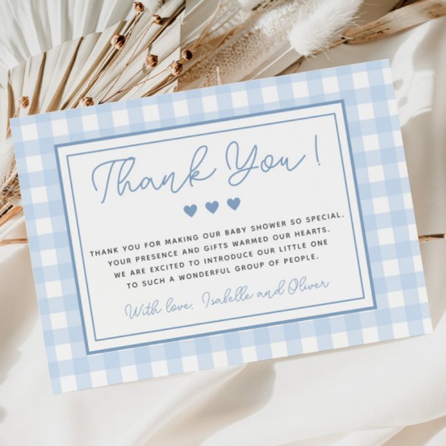 Tarjeta de agradecimiento de Blue Gingham Boy Baby (Blue Gingham Boy Baby Shower Thank You Card)