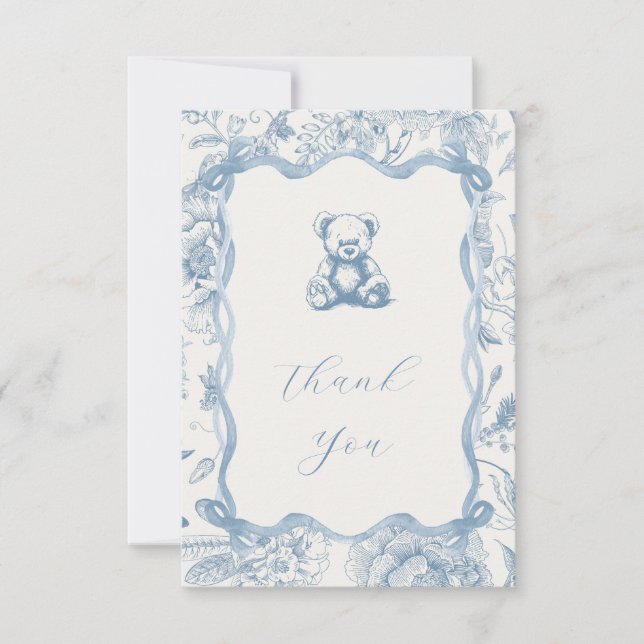 Tarjeta de agradecimiento de Blue Toile Teddy Bear (Anverso)