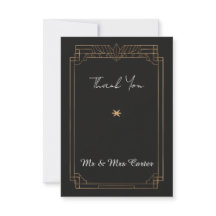 Tarjeta de agradecimiento de boda Art Deco en negr