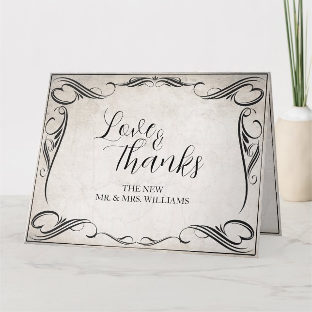 Tarjeta de agradecimiento de boda Art Deco negra v (Anverso)