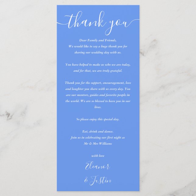 Tarjeta de agradecimiento de boda azul aciano (Anverso)