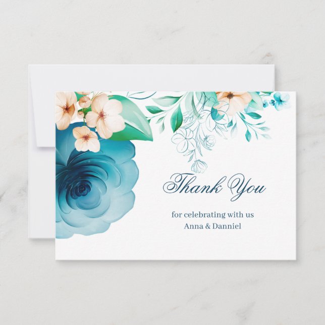 Tarjeta de agradecimiento de boda azul Azure Bloom (Anverso)