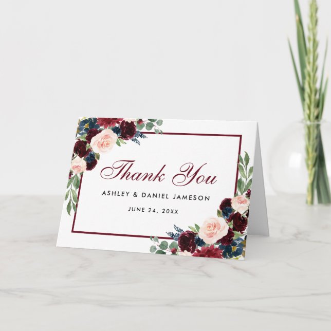 Tarjeta de agradecimiento de boda azul borgoña flo (Anverso)