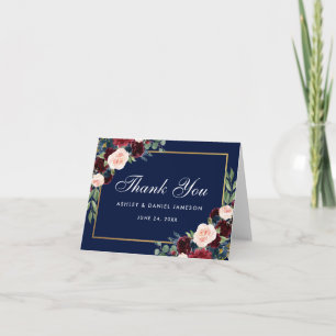 Tarjeta de agradecimiento de boda azul borgoña flo