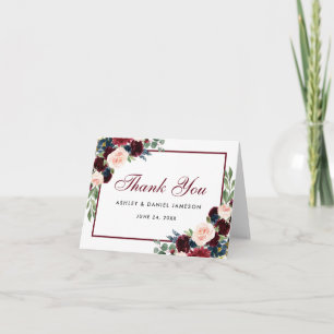 Tarjeta de agradecimiento de boda azul borgoña flo
