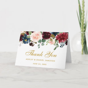 Tarjeta de agradecimiento de boda azul borgoña flo