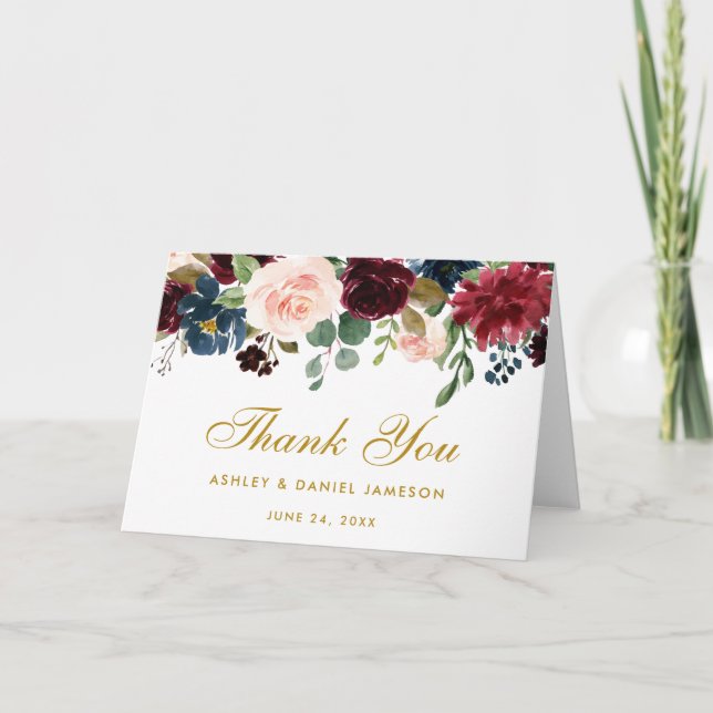 Tarjeta de agradecimiento de boda azul borgoña flo (Anverso)