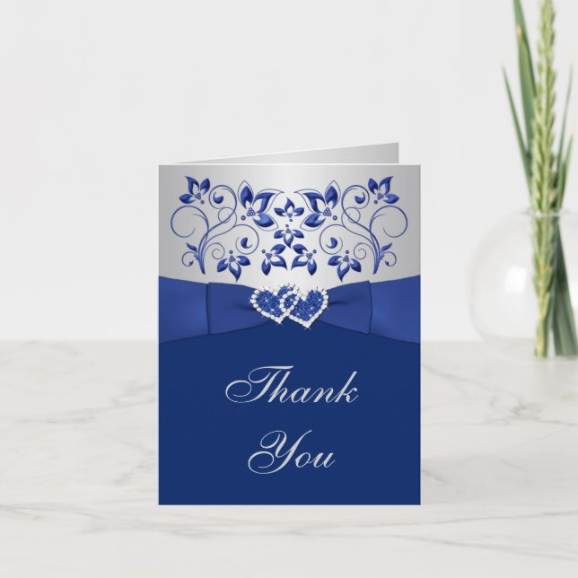 Tarjeta de agradecimiento de boda Azul Floral Plat (Anverso)