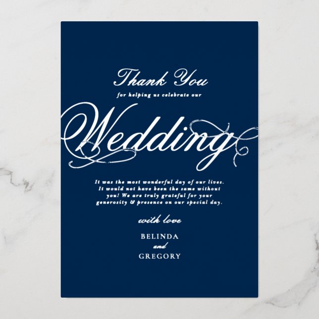 Tarjeta de agradecimiento de boda azul marino con  (Anverso)
