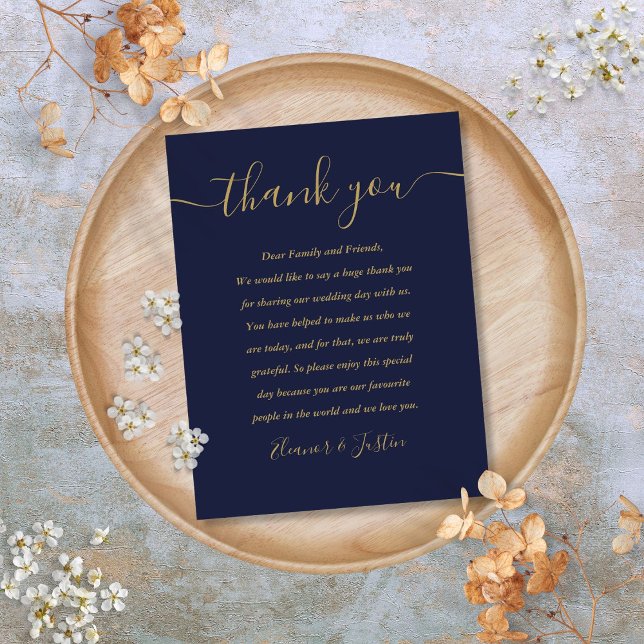 Tarjeta de agradecimiento de boda azul marino dora (Script Thank You Navy Blue Gold Wedding Place Card)
