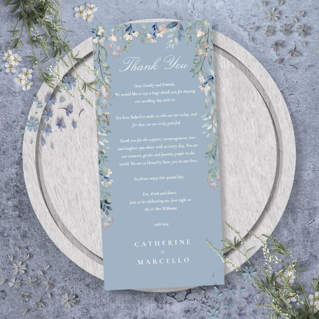 Tarjeta de agradecimiento de boda azul polvoriento (Floral Dusty Blue Wedding Thank You Place Card)
