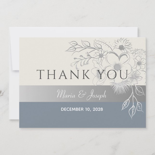 Tarjeta de agradecimiento de boda azul polvoriento (Anverso)