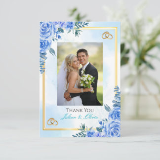 Tarjeta de agradecimiento de boda azul real y dora