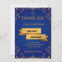 Tarjeta de agradecimiento de boda azul real y dora