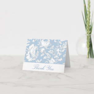 Tarjeta de agradecimiento de boda azul y blanca