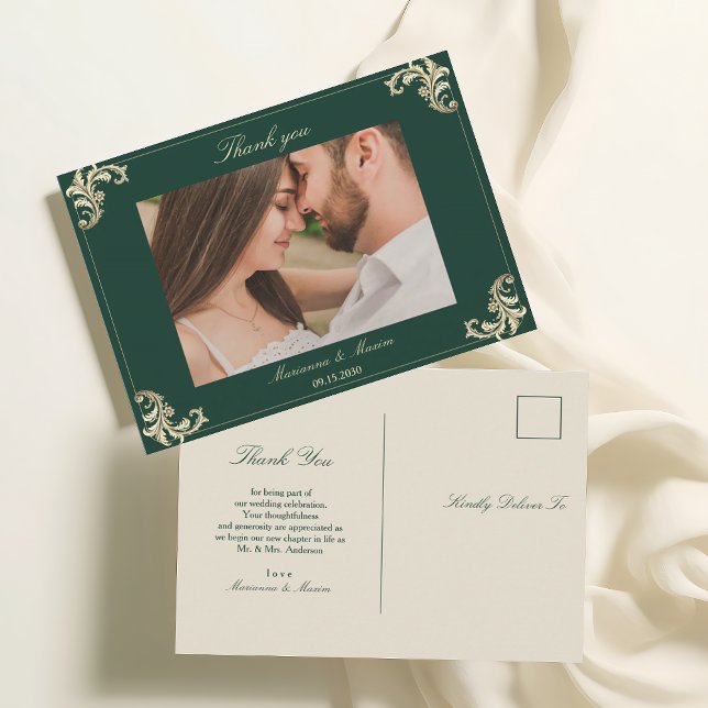 Tarjeta de agradecimiento de boda barroca en verde (Subido por el creador)