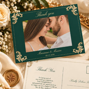 Tarjeta de agradecimiento de boda barroca en verde