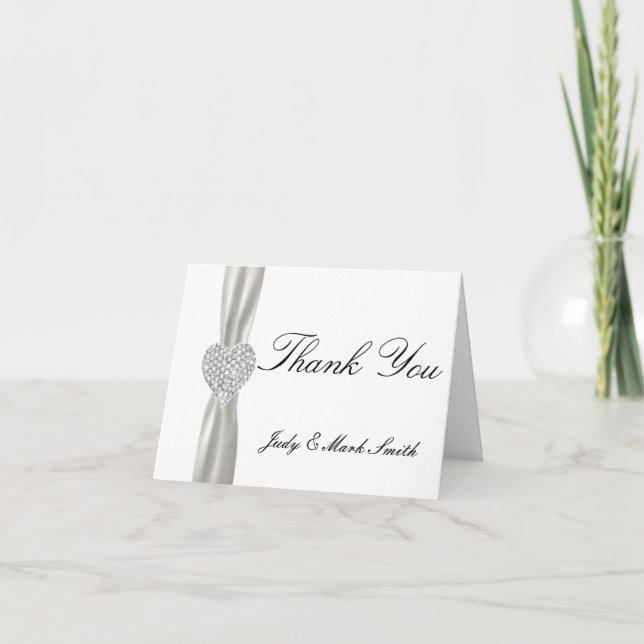 Tarjeta de agradecimiento de boda blanca con coraz (Anverso)