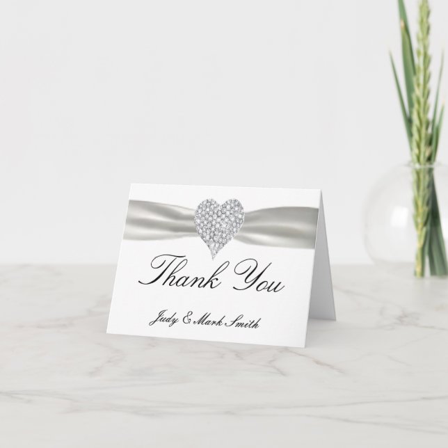Tarjeta de agradecimiento de boda blanca con coraz (Anverso)